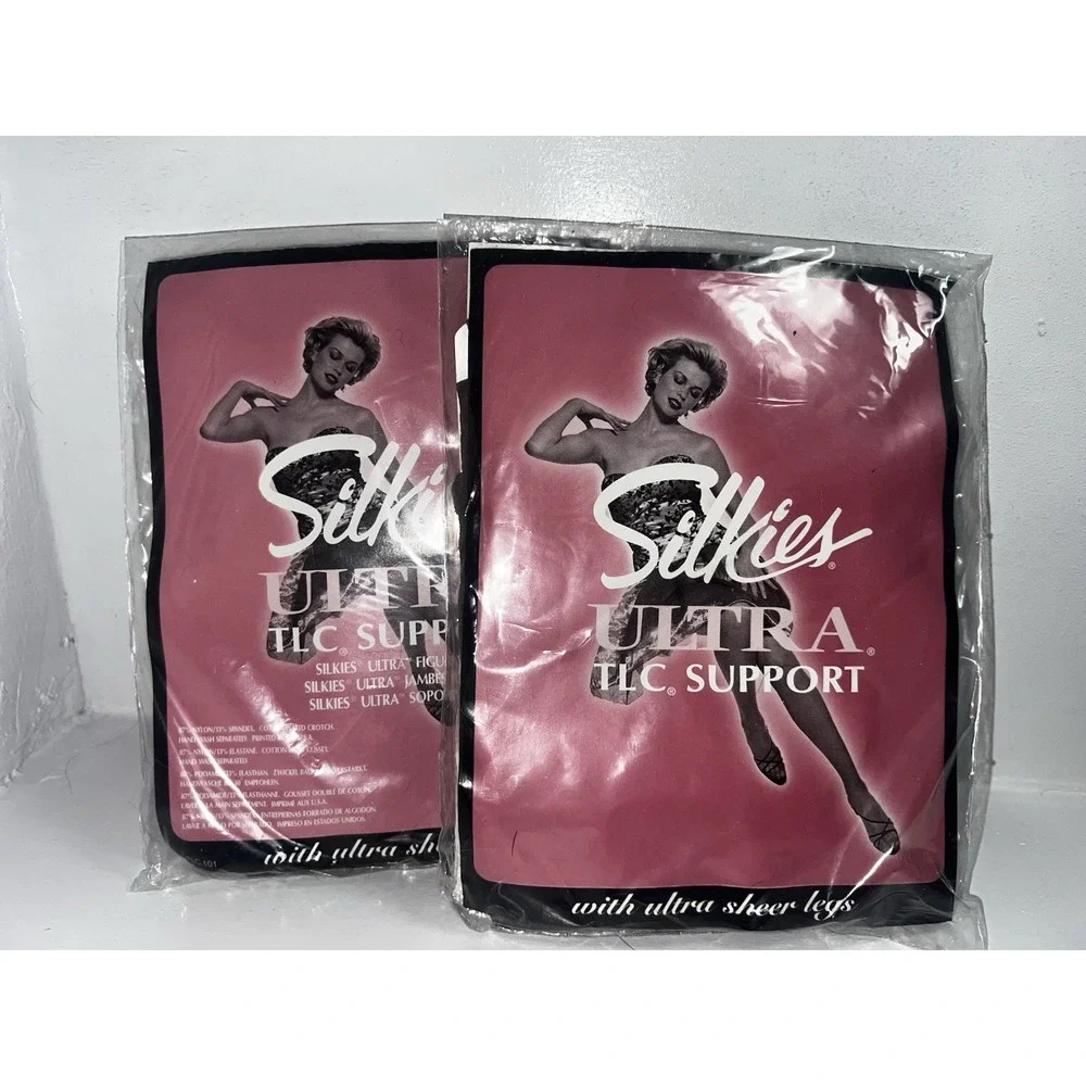 VTG 2 New Silkies Ultra TLC Support Control Top Pantyhose Mocha & Misty Grey